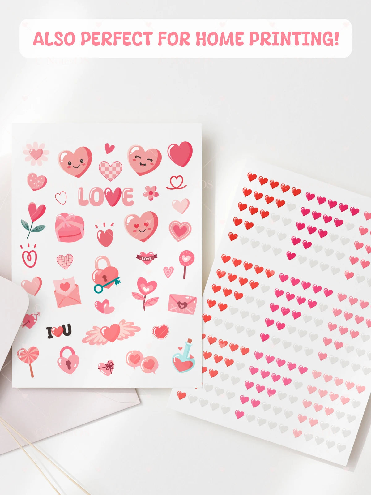 Two sheets of decorative paper with heart designs on a white background.