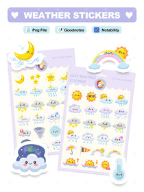 Two sheets of weather-themed stickers with cute illustrations on a white background.