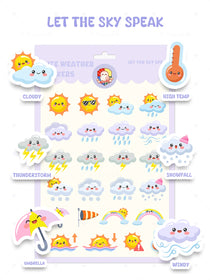 Set of weather-themed stickers with cute illustrations on a display card.