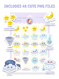 Sheet of cute weather-themed stickers with various weather icons on a purple background.