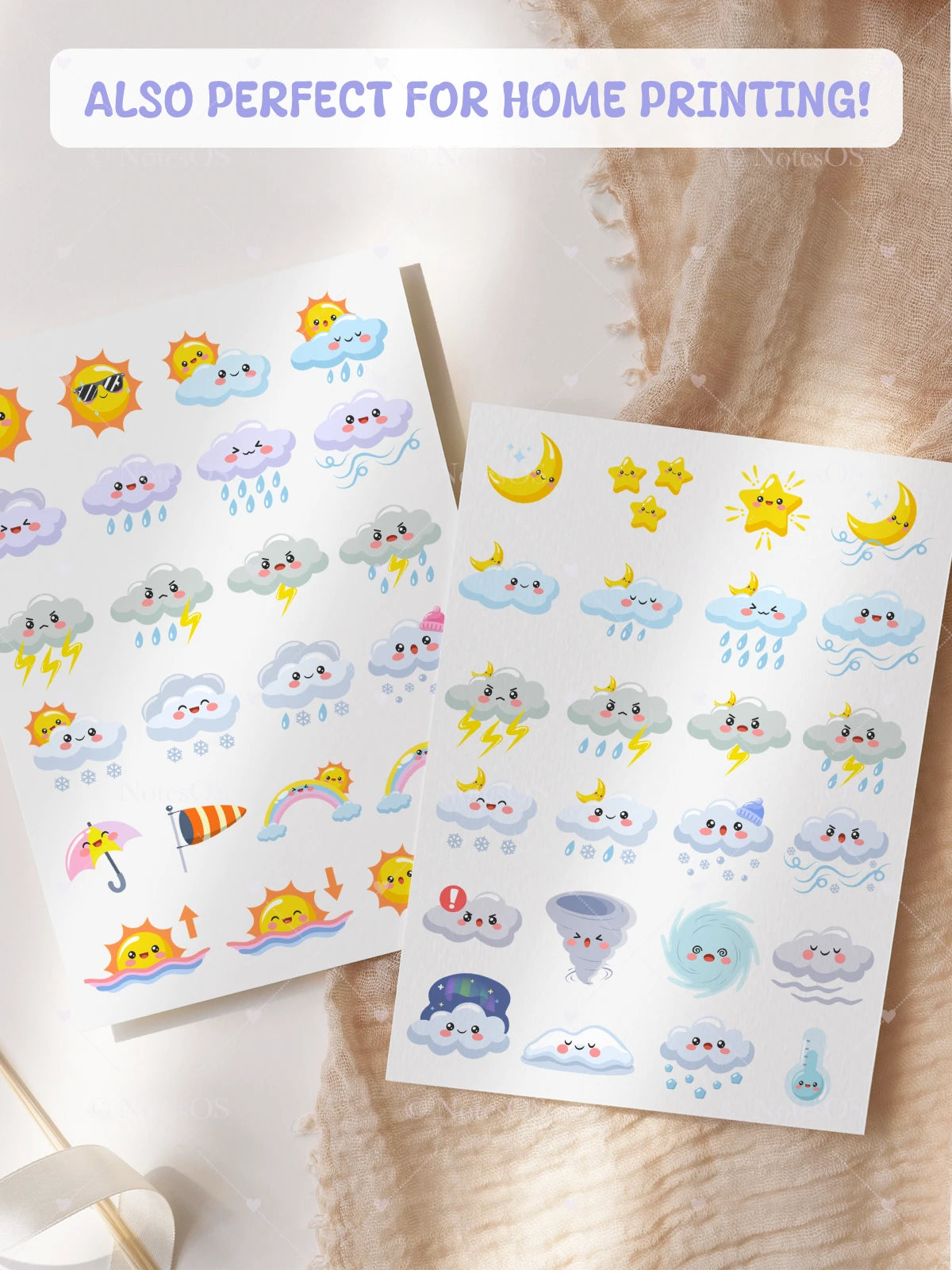 Two sheets of weather-themed stickers with cute cloud, sun, and rain designs on a wooden surface.
