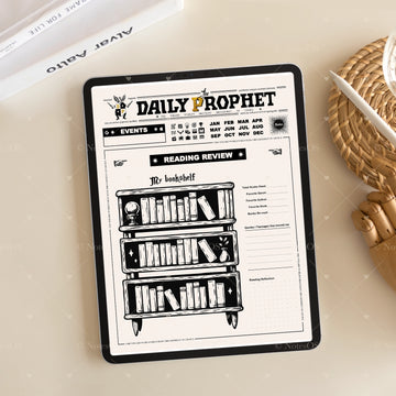 Digital tablet displaying a 'Daily Prophet' newspaper with a bookshelf illustration on a light surface.